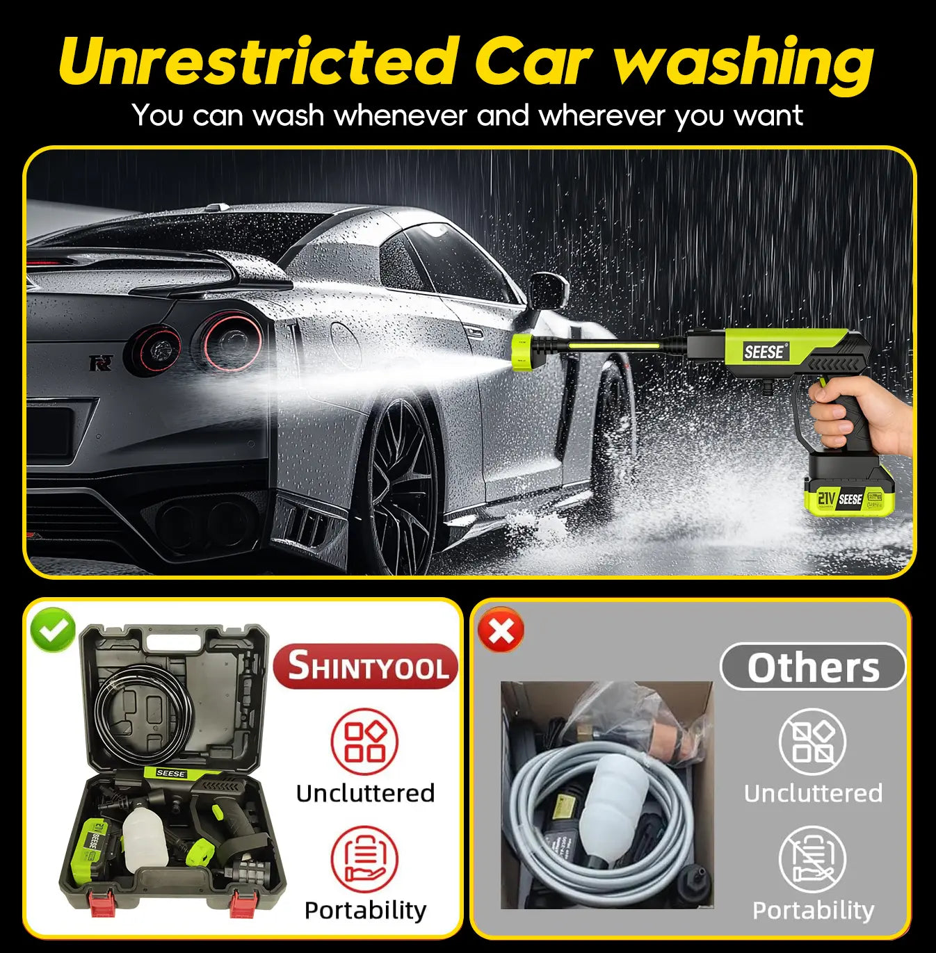 SEESE Cordless Pressure Washer and Single Port Charger Base, Bottle Portable Washer for Car,Home Cleaning & Garden Watering Backtoschool